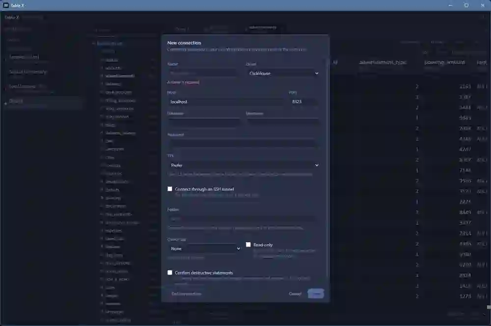 Table X new connection dialog for a ClickHouse database, with host, TLS, SSH tunnel and colour tag options