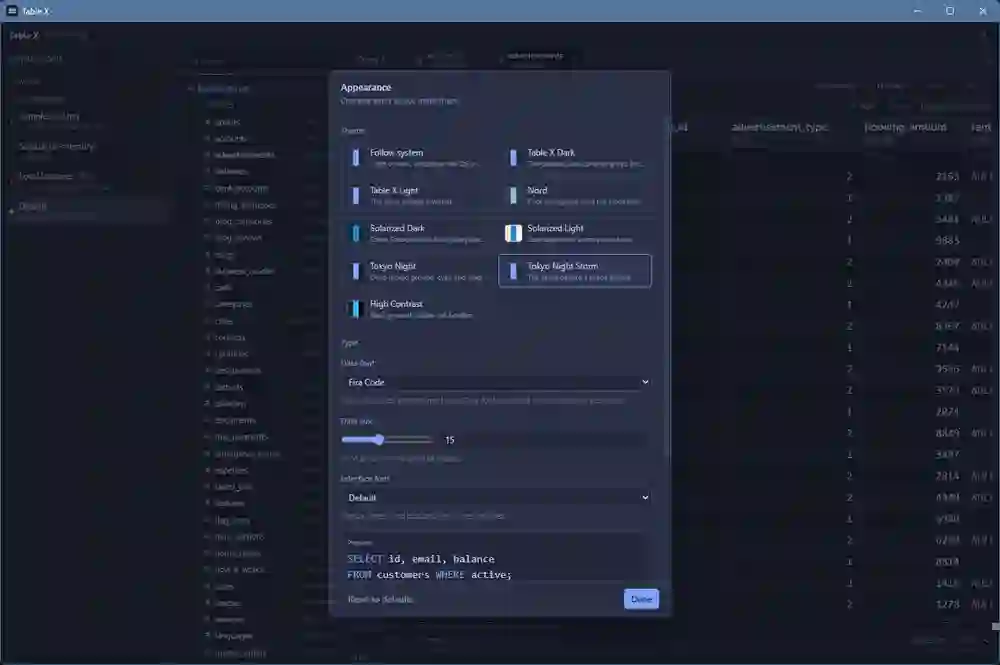 Table X appearance settings, showing eight built-in themes plus font and data-size controls